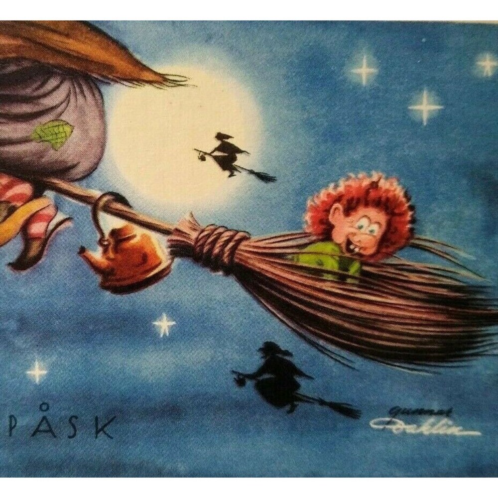 Halloween Easter Witch Postcard Fantasy Glad Pask Gremlin Rides Broom Full Moon